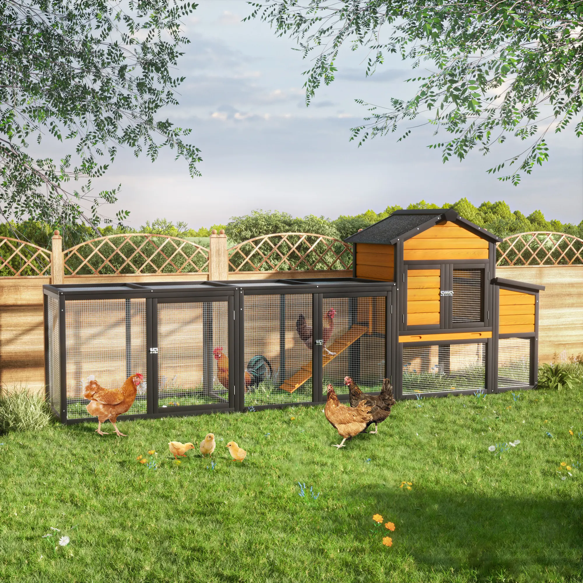 Outdoor Wooden Chicken Coop with Run, 7 Doors, Pull-Out Tray, Nesting Box & Ramp - Backyard Poultry House for 2 - 4 Chickens, Expandable Design