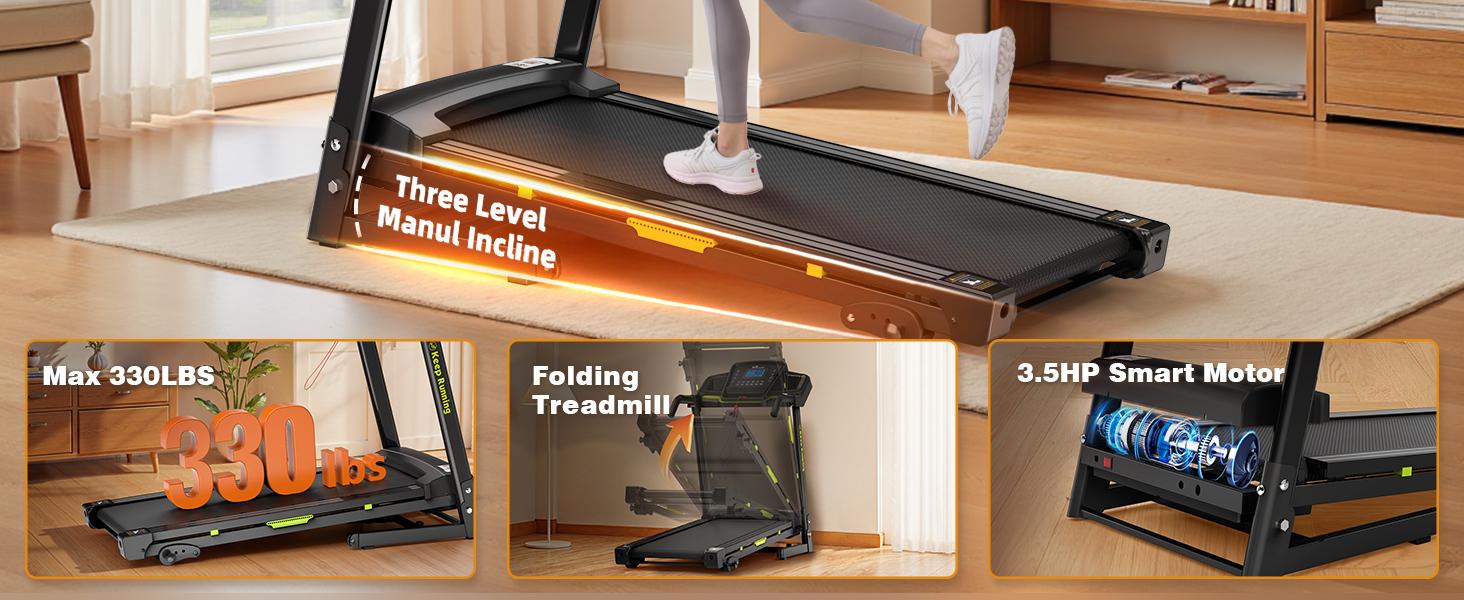 【3 Manual incline】LIVIVOX 3.5HP Folding Treadmill for Home/Office with Incline, 8.5MPH,330lbs Weight Capacity, Portable walking pad Treadmill with Bluetooth, 12 Preset Programs, adjusting speed walking pad home gym equipment