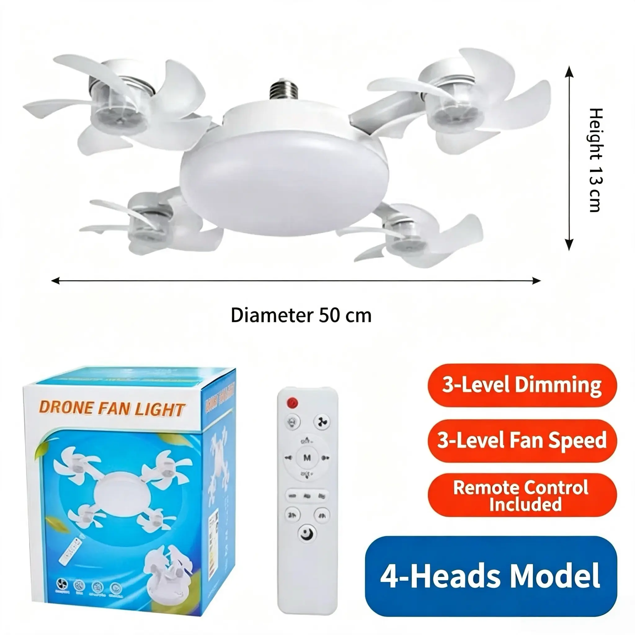 Drone Fan Light 4-Heads Model with 3-Level Dimming Height-Ceiling Fan Light with Remote Control,  Base Foldable Ceiling Fan with 4 Fan Heads, Quiet Airflow Bright Lighting, Easy Installation for Bedroom, Living Room, Kitchen, Office, Dorm, Small Room Use