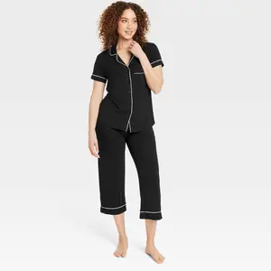 Women's Cloud Knit Short Sleeve Notch Collar Top and Cropped Pants Pajama Set - Auden