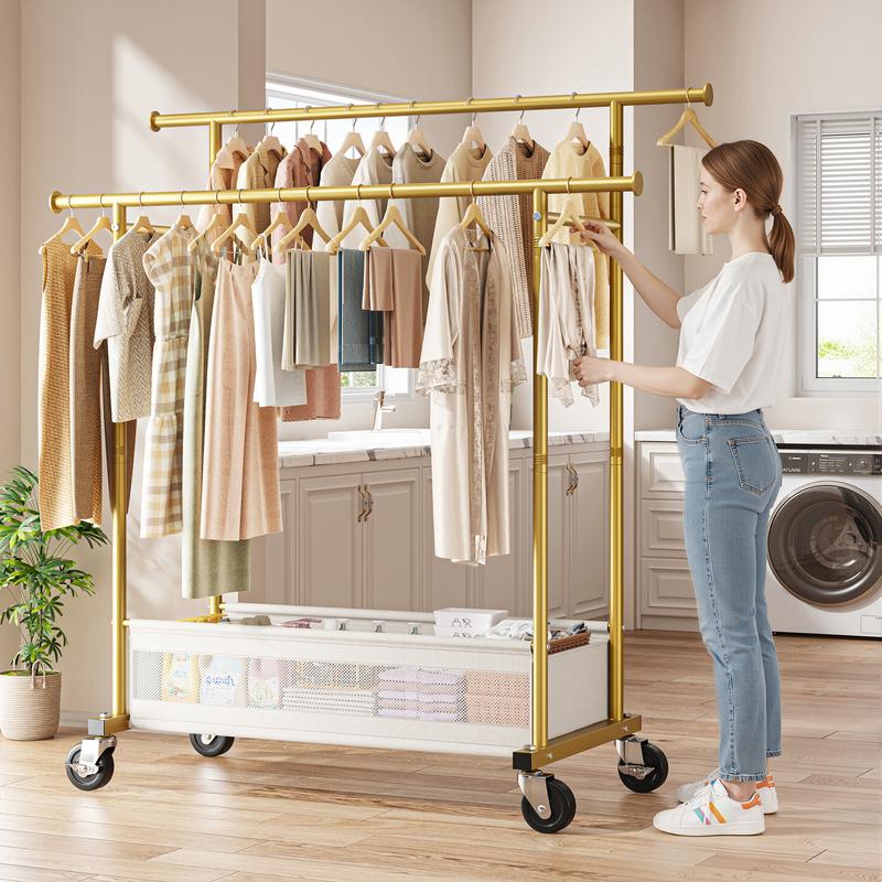 Raybee Heavy Duty Clothing Racks with Net Pocket Holds Up to 210lbs,Double Rod Metal Clothes Rack for Hanging, Rolling Garment Rack with Wheels Portable Closet Racks for Bedroom, Laundry Room,Dorm, Black, White, Gold