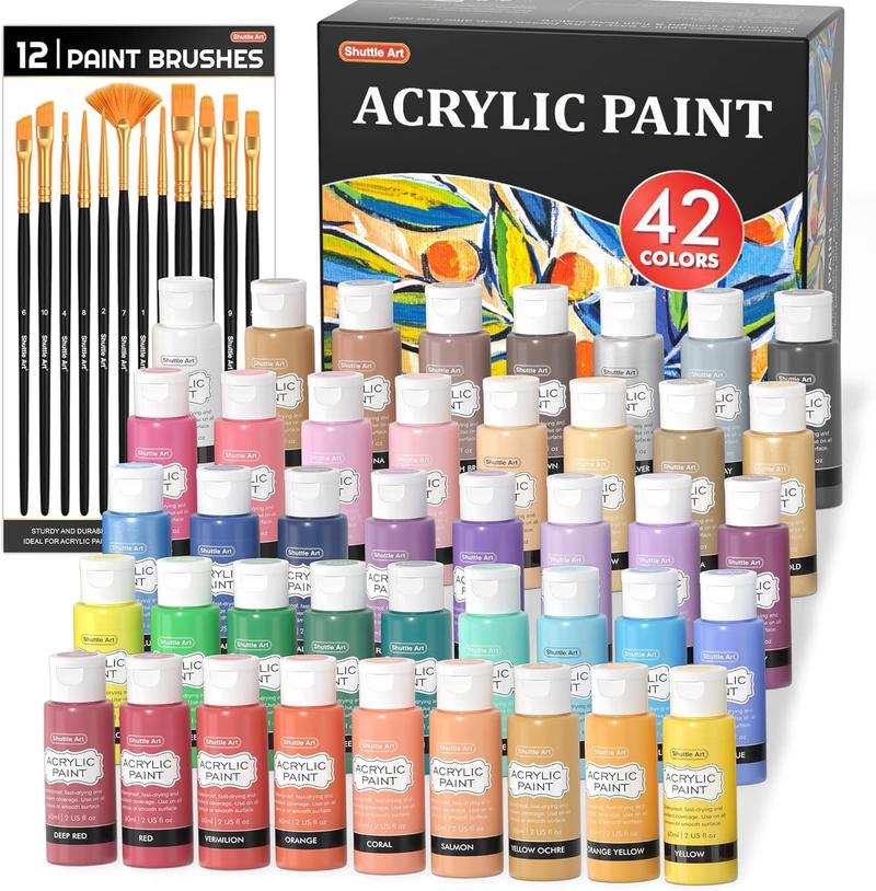 42/80 Colors Acrylic Paint, Shuttle Art Acrylic Paint set with 12 Paint Brushes, 2oz/60ml Bottles, Rich Pigmented, Water Proof, Premium Paints for Artists, Beginners on Canvas Rocks Wood Ceramic