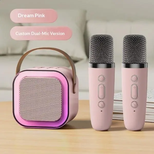 [10-Year Warranty] K-MYZS Small Bluetooth speaker，Portable Karaoke System, Mini Wireless Bluetooth BT Speaker with 2 Microphones, LED Nightlight for Party Use (Pink)