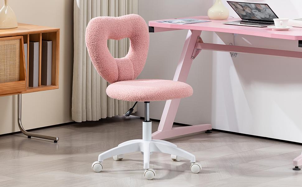 HOMCOM Armless Home Office Desk Chair, Height Adjustable Computer Task Chair, Modern Teddy Fleece Heart Makeup Vanity Chair with Swivel Wheels