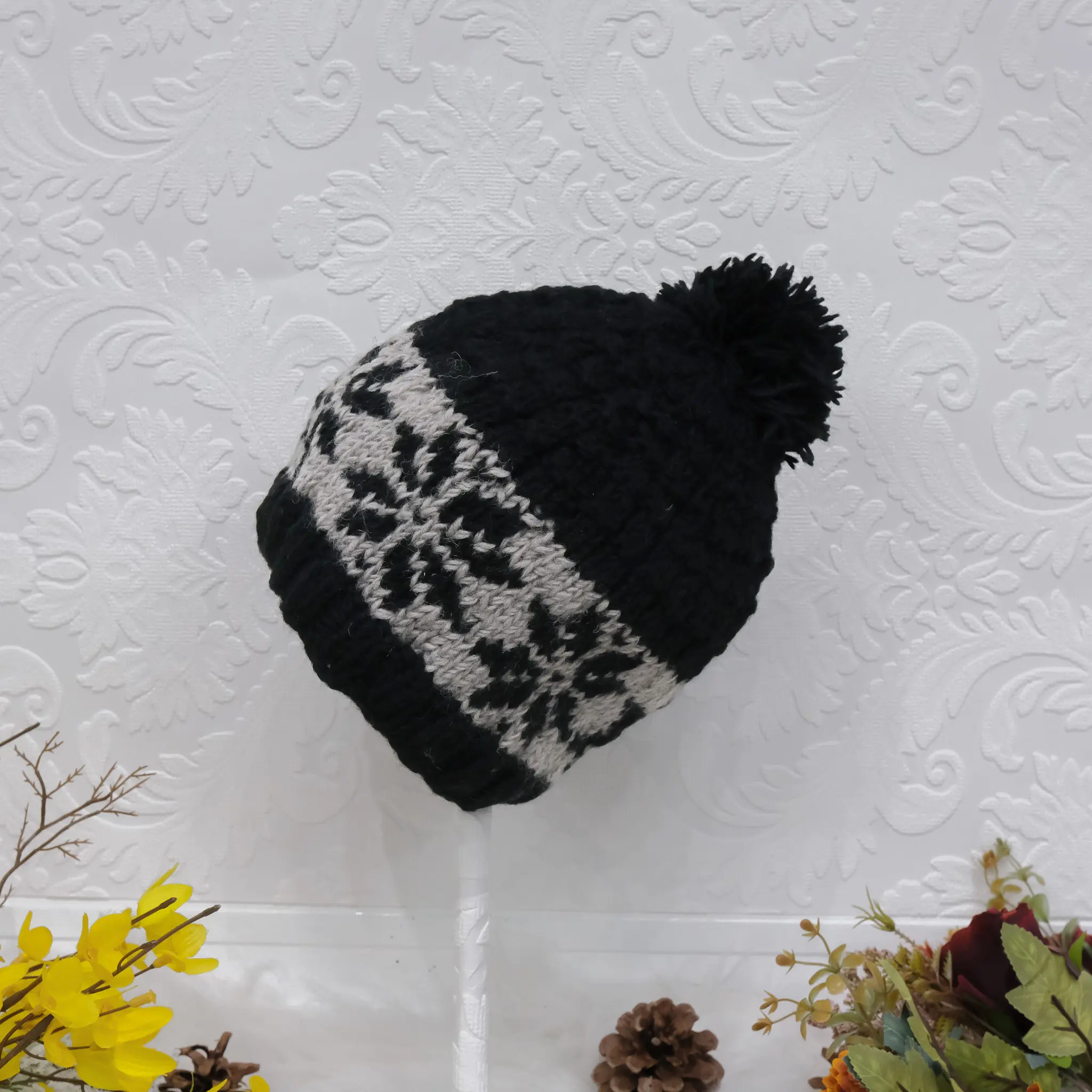 Wool winter Hat with Pompom , Slouchy Beanie, Fleece Lined Warm Merino Wool Hat, Hand Knit Hat, Unisex Bobble Crochet Hat, Holiday Gift, Snowflakes Design, Warm Winter Hat
