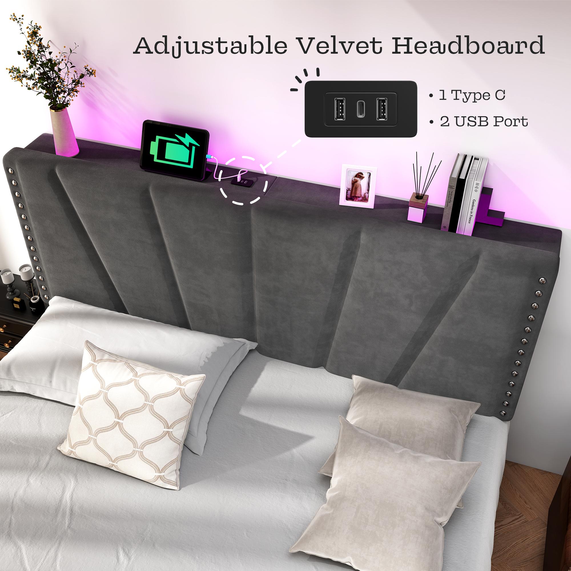 Raybee LED Bed Frame for Queen King Full Bed frame with Storage Headboard & Charging Station, No Mattress, Luxury Upholstered Platform Bed Frames, Holds 881lbs, No Box Spring Needed,Noise Free, Bedroom Furniture