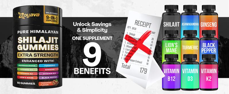 Zoyava Pure Himalayan Shilajit Gummies - Tamarind & Raspberry Flavored 9-in-1 Dietary Supplement for Fitness & Healthcare - MADE IN USA - 60 Edible Gummies