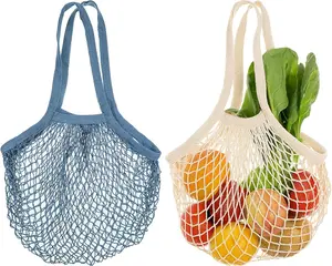 2 Pcs Reusable Mesh Grocery Bags, Premium Mesh Grocery Bags, Portable Long Handle Net Tote, Fruit and Vegetable Bag (Beige, Blue)