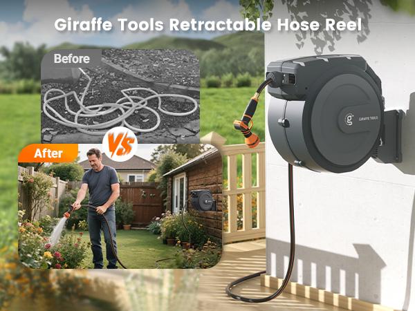 Giraffe Tools Tangle-Free Kink-Free Retractable Hose Reel 90ft-130ft AW Series Outdoor with DS Trigger Mechanism & G-Self-Layering System Adjustable Nozzle