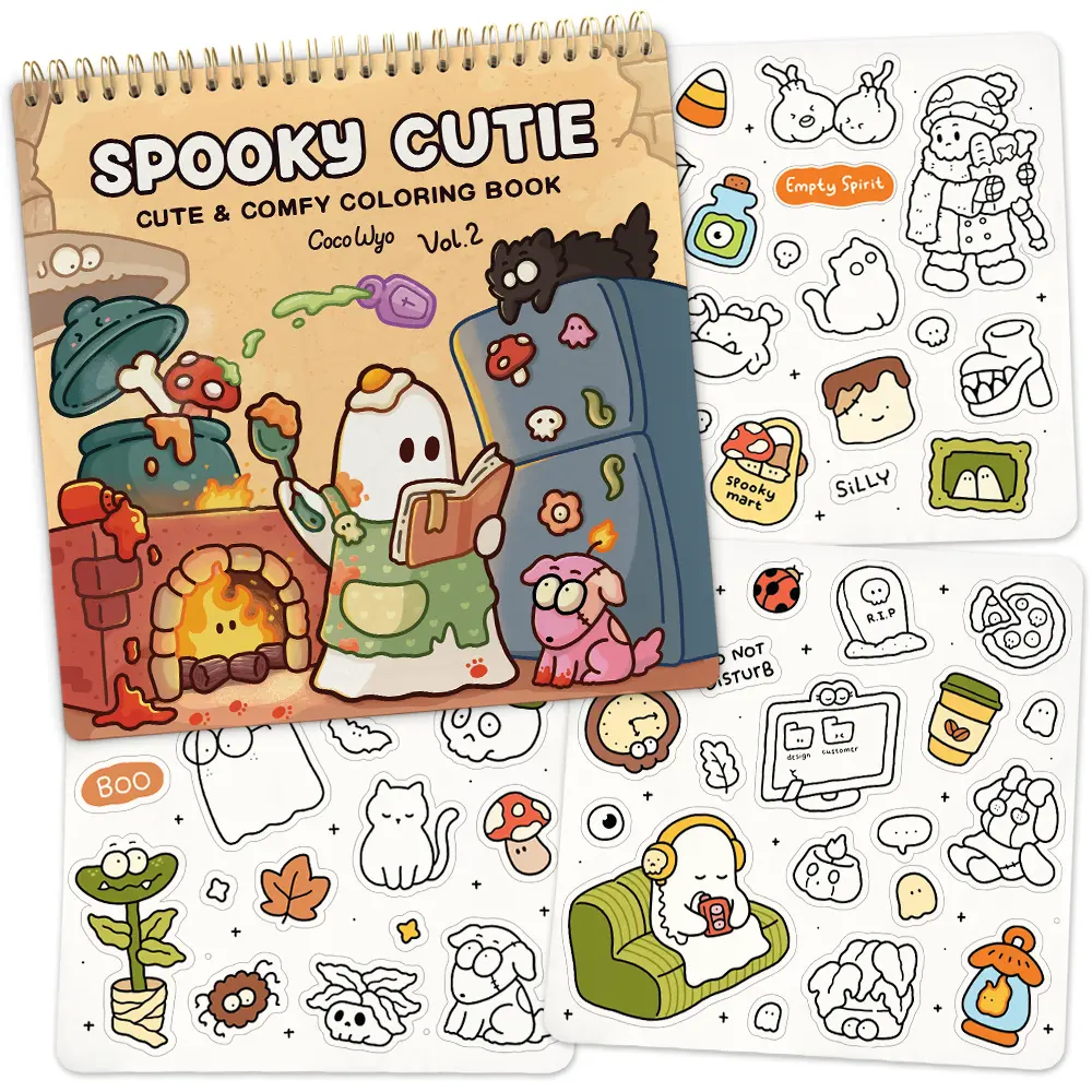 Coco Wyo Spooky Cutie Vol.2 Coloring Book (Spiral Bound) & Sticker Set - Adult Coloring Book, Creative Fun Art Supplies for Books and Stickers Enthusiasts, Lay-Flat Binding