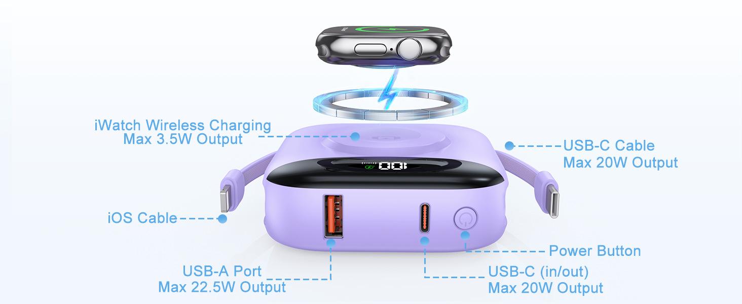 10000mAh Portable Charger Power Bank, 3-in-1 Wireless Battery Pack with Built-in USB-C & Lightning Cables, 22.5W Fast Charging, LED Display for iPhone, Apple Watch & Android Chargeable