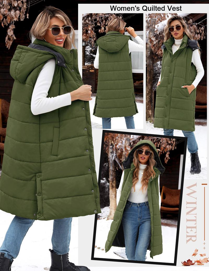 Women's Long Puffer Vest with Quilted Hood and Button Down Closure for Winter Coat 2025 - Tops, Womenswear Casual Hoodie FallFreshness #outdoorfun