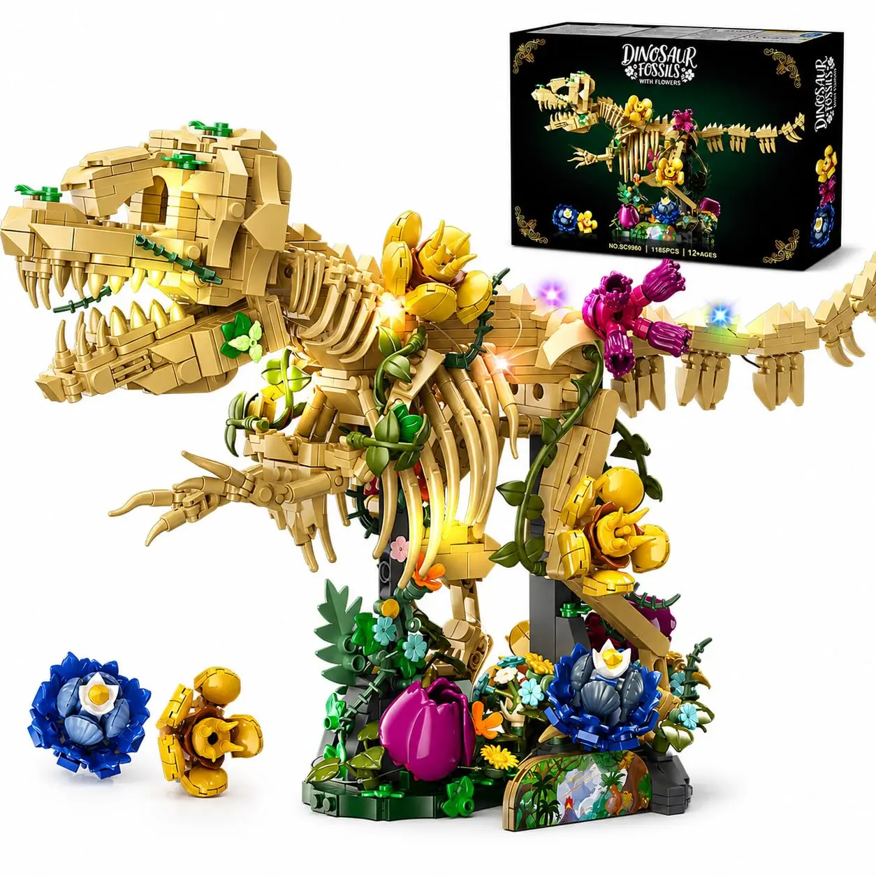 CUBIMANA Dinosaur Fossil Flower Building Set with LED Light, Unisex 12+ Age Model Building Kit, Botanical Skeleton Art Decor with Flowers, Cozy Glow, Home Office Accent, Rewarding Build for Adult Collectors