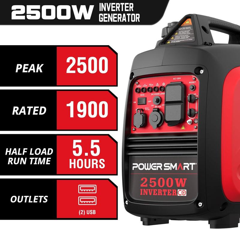 (Storm-Ready)Powersmart 2500W Inverter Gas Generator ,39-Pound RV Ready Outdoor Generator, Parallel Capability, Quiet Generator for Home Use,Camping,Low Fuel Consumption,Portable,Quiet Operation,Outdoor Use, Hurricane,Emergency(HB5020 HB5020C)