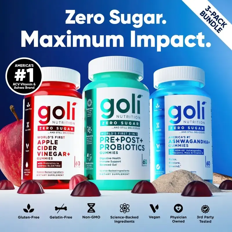 Zero Sugar Best Seller Trio - World's First 3-in-1 Pre, Post,Probiotic, Apple Cider Vinegar with Vitamin B12 andProbiotics To Address Bloating, Ashwagandha & L-Theanine, Vitamin D gummies. Gluten-Free, Vegan, Non-GMO & Gelatin-Free