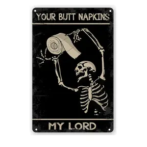 Vintage Halloween Skull Metal SignAowotu Funny Metal Retro Skeleton Decorate Tin Signs Wall Art Perfect For Home Washroom Bathroom Decoration 8x12 Inch