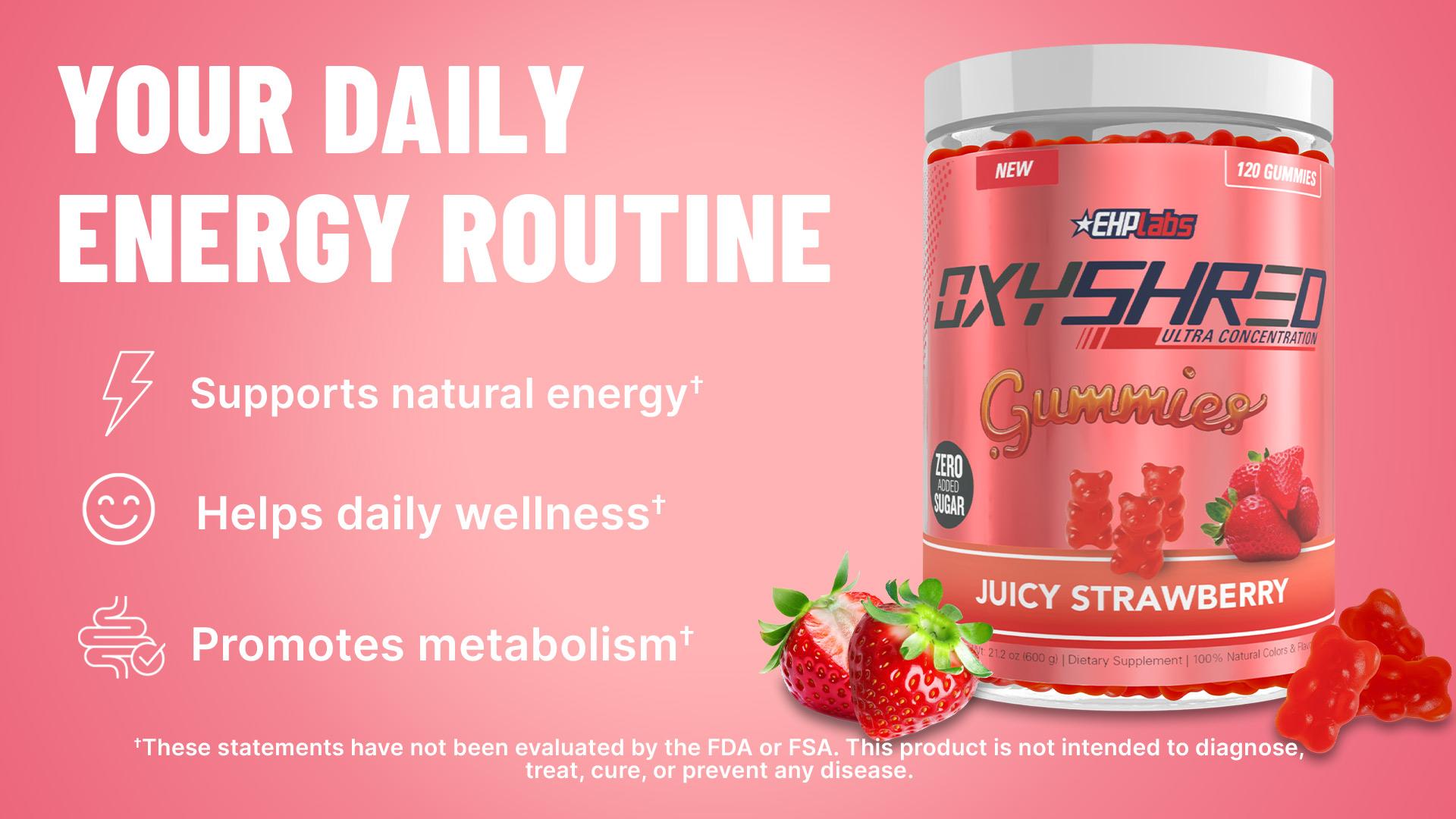 EHPlabs OxyShred Gummies  | 120ct Juicy Strawberry & Blue Raspberry Pre Workout Gummy Zero Added Sugar L Carnitine & Natural Caffeine On The Go Energy, Edible Preworkout
