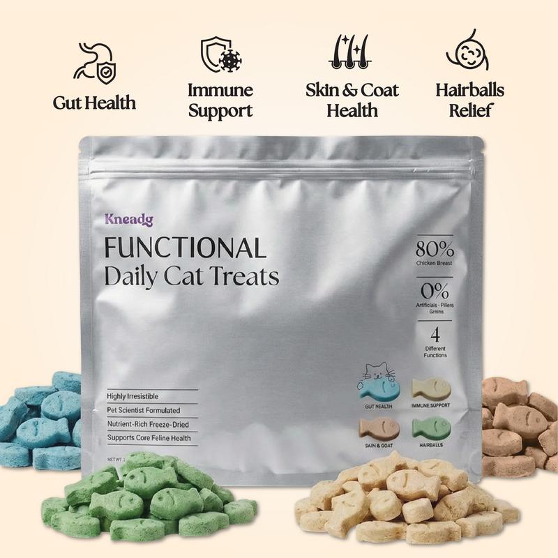 Kneady Multipurpose Functional Cat Grass Probiotic L-Lysine Fish Oil Treats for Healthy Cats - Supports Dentals, Hairballs, Gut, Skin, Coat, & Immune System - Freeze Dried Treats