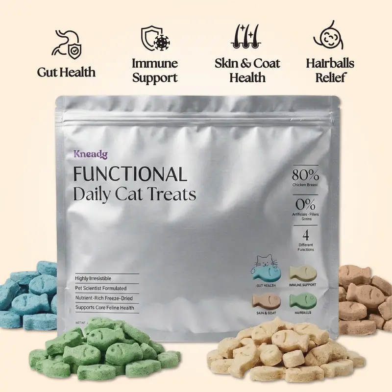 Kneady Multipurpose Functional Cat Grass Probiotic L-Lysine Fish Oil Treats for Healthy Cats - Supports Dentals, Hairballs, Gut, Skin, Coat, & Immune System - Freeze Dried Treats
