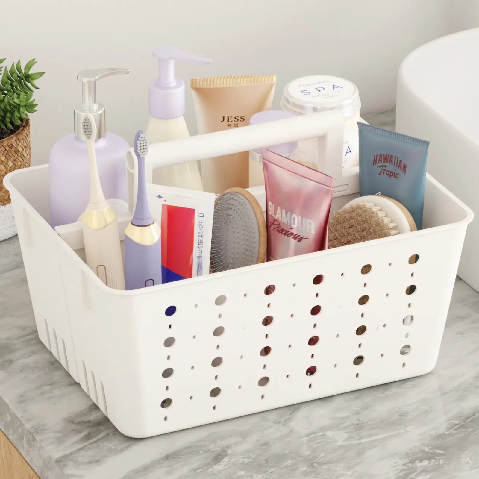 Lifewit Portable Shower Caddy with Handle - Rectangular Modern Plastic Open Basket with Hollow Drain Holes, Adjustable Sections, for Bathroom, Dorm Home Organizer,dorm essentials,home decor