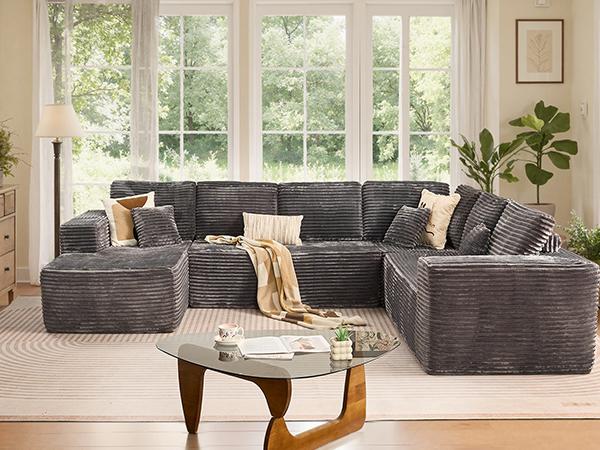 【4 Packages Shipping】Ovios 135.8" Sectional Cloud Couch for Living Room, Modular Floor Sofa with Plush Corduroy, No Assembly Required, Big Comfy Couches Set with Fluffy Memory Foam, Stupendous U Shaped Sofas with Chaise