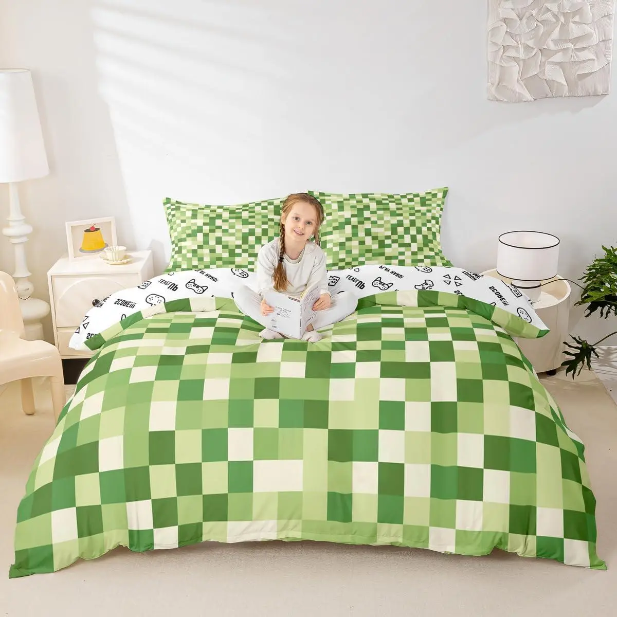 Green Pixelated Miners Duvet Cover Set,Geometric Video Games Bedding Set,Cartoon Grid Plaid Quilt Cover,Room Decor,No Comforter