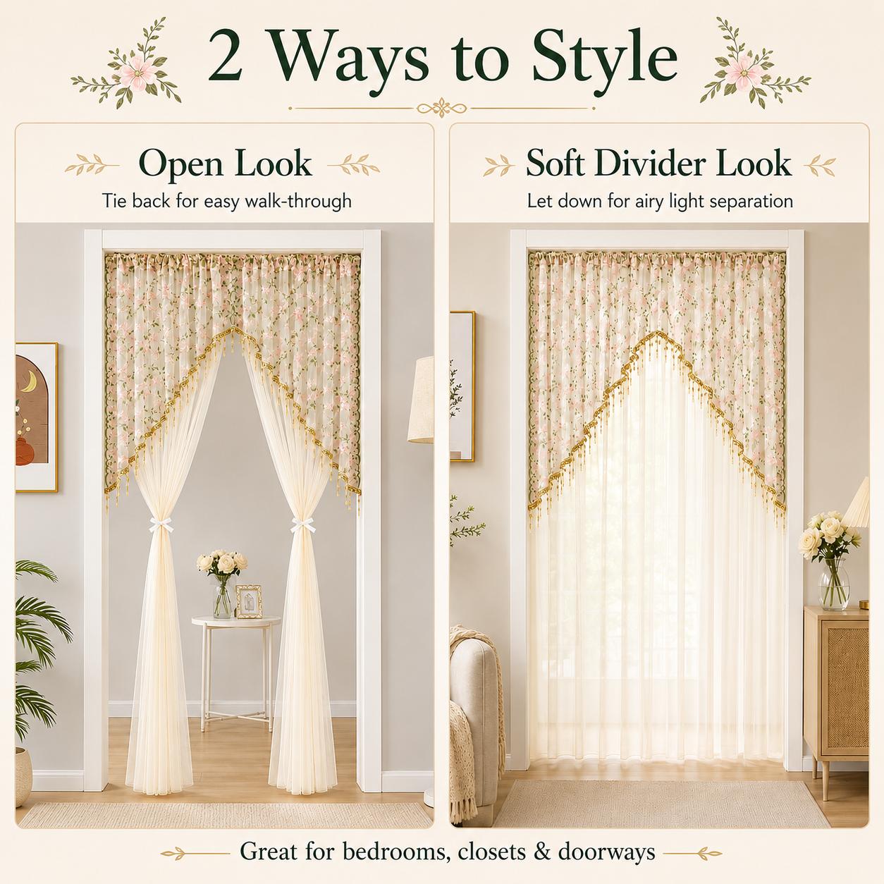 Sheer Floral Doorway Curtain, Elegant Lace Door Curtain with Tassel Trim, Privacy Room Divider for Bedroom, Closet, Kitchen & Apartment