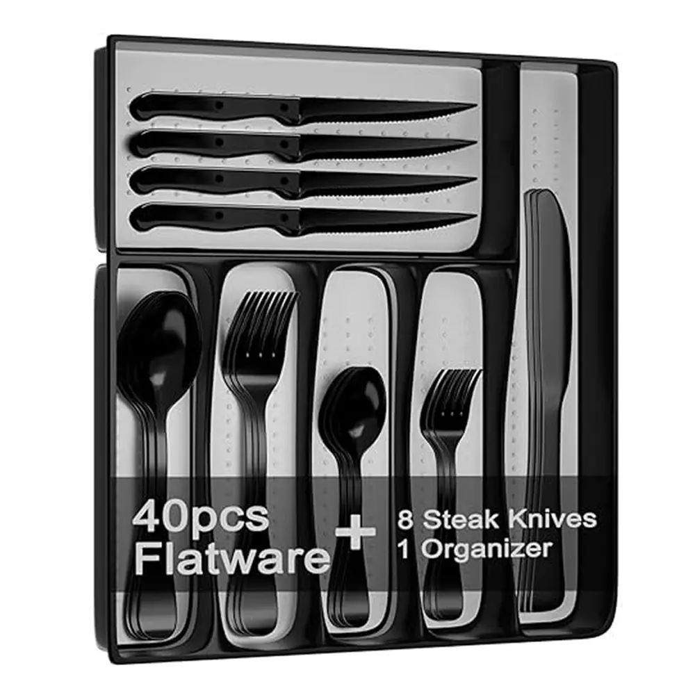 49-Piece Black Silverware Set with Organizer, Black Flatware Set with Steak Knives for 8, Food-Grade Stainless Steel Tableware Cutlery Set, Mirror Finished Utensil Sets for Home Restaurant