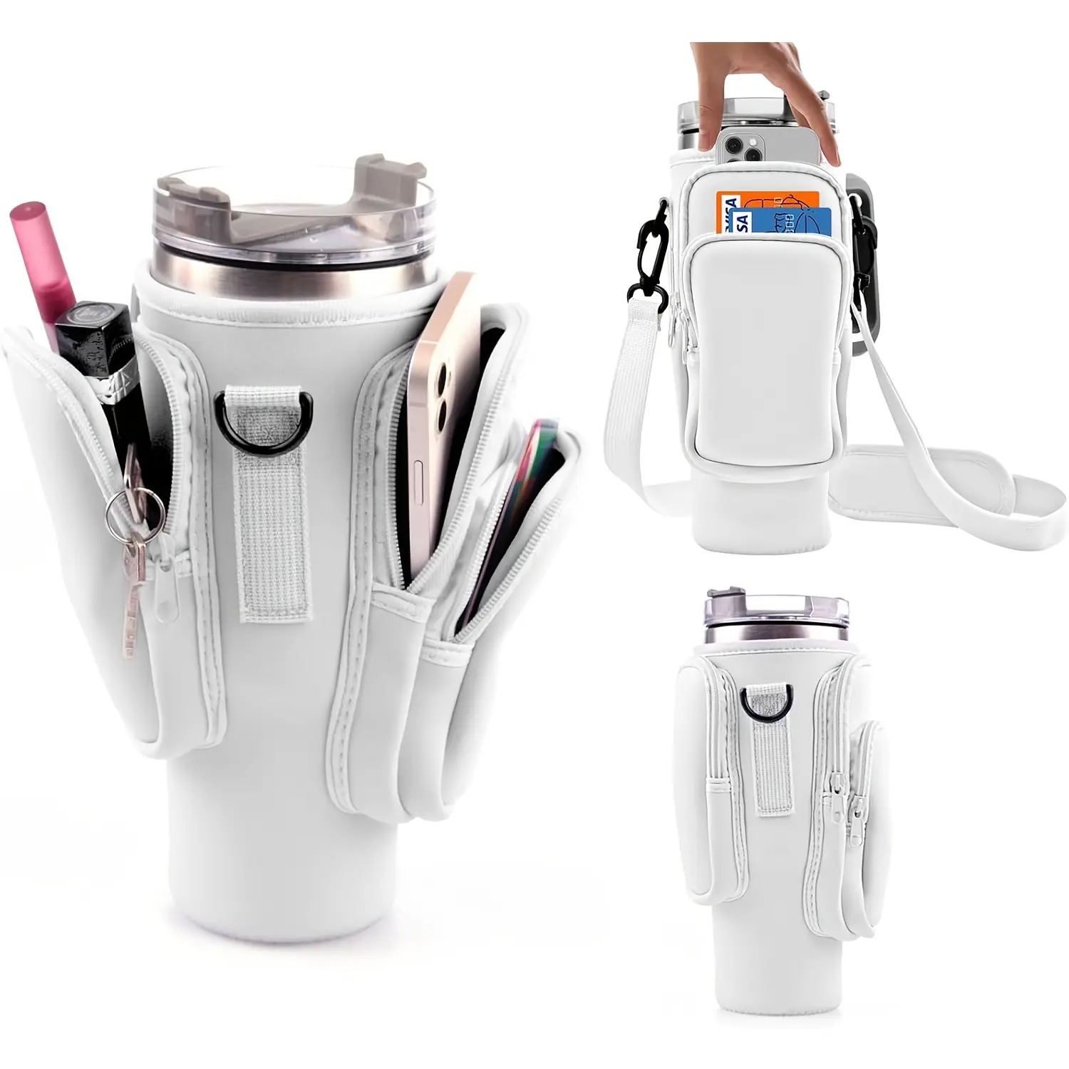 Lightweight Functional Water Bottle Carrier with Phone Pocket, Secure Hold, Adjustable Crossbody Strap, Tumbler Sleeve for 30oz/40oz Cups, Gym & Travel Essentials, Summer Outdoor Hiking Accessory