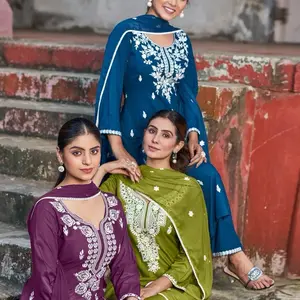Top, Pant and Dupatta With White Thread Work Rayon Suits 3Pieces