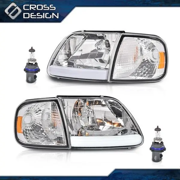 CROSSDESIGN LED Tube Headlights & Corner Parking Lights Clear Fit For 97-04 F150 Expedition