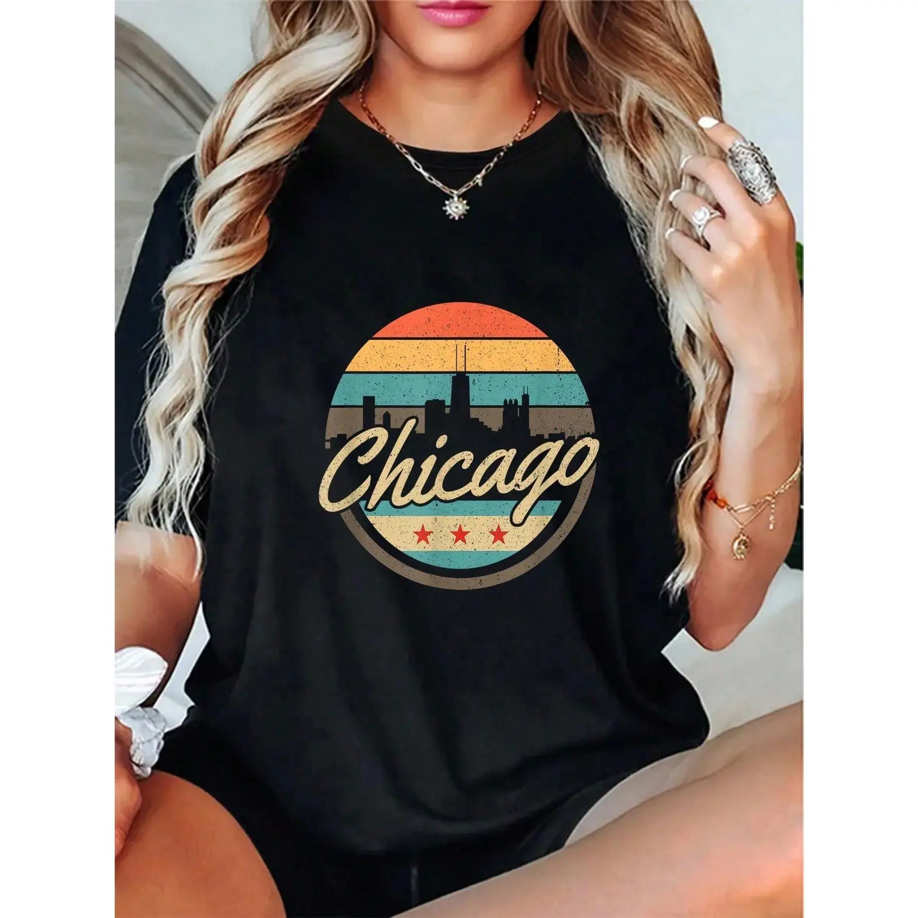 100% Cotton Chicago Flag Tshirt Skyline Vintage Illinois USA Souvenir T-Shirt