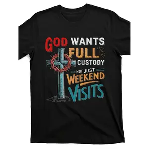 Cotton Plus Size Casual Graphic Tee - Featuring a Wooden Cross with Red Crown of Thorns Design, 'GOD WANTS FULL CUSTODY NOT JUST WEEKEND VISITS' Multicolor Text