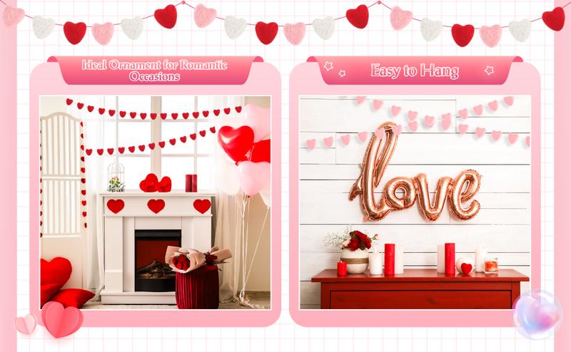 Valentine's Day Decoration Heart Envelope Garland Love Letter Banner Felt Heart Garland Banner Hanging Heart Decorations Rustic Farmhouse Hanging Decor for Wedding Anniversary Gothic Bridal Shower Party Fireplace Mantle Wall Door Room Bedroom Home Decor