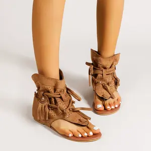 Women Contoure Tassel Gladiator Sandals – Retro Clip Toe Roman Flats Argie Noir