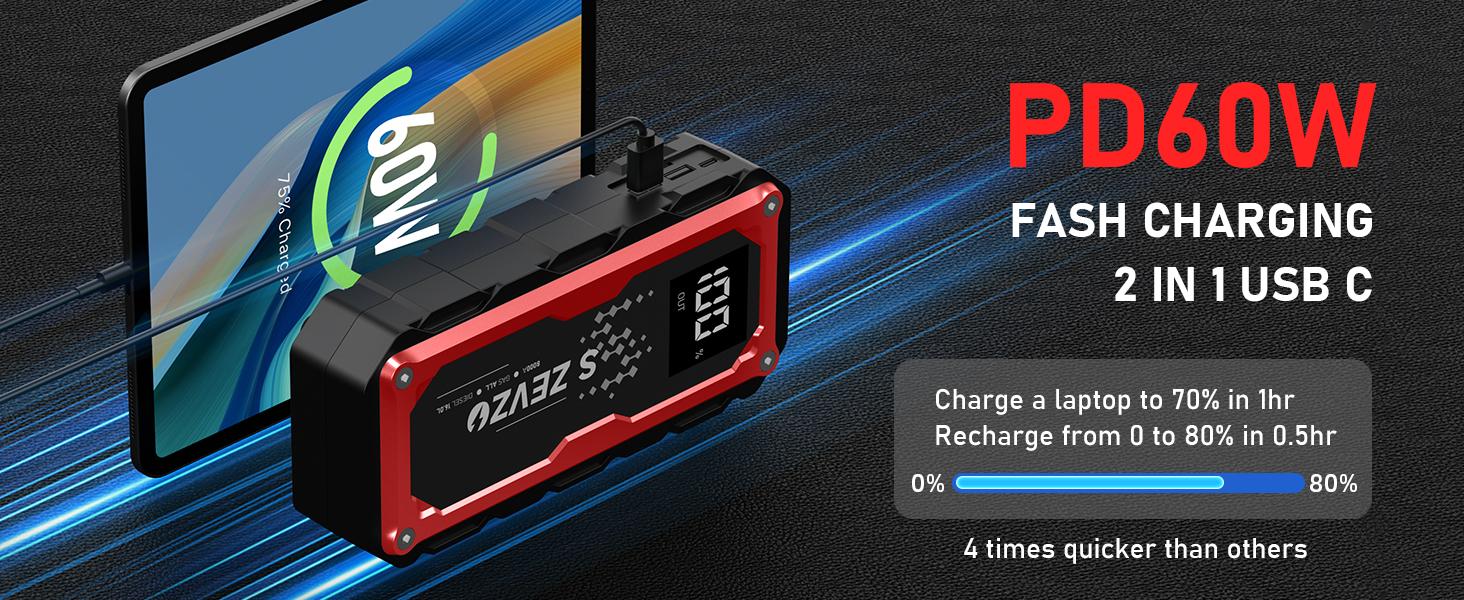 8000a Peak Portable Car Jump Starter with LED Light – Emergency Booster Battery Pack, Power Bank, Wireless Charging, Car Battery Jump Starter Tool​