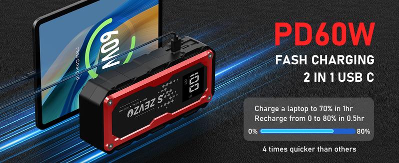 8000a Peak Portable Car Jump Starter with LED Light – Emergency Booster Battery Pack, Power Bank, Wireless Charging, Car Battery Jump Starter Tool​
