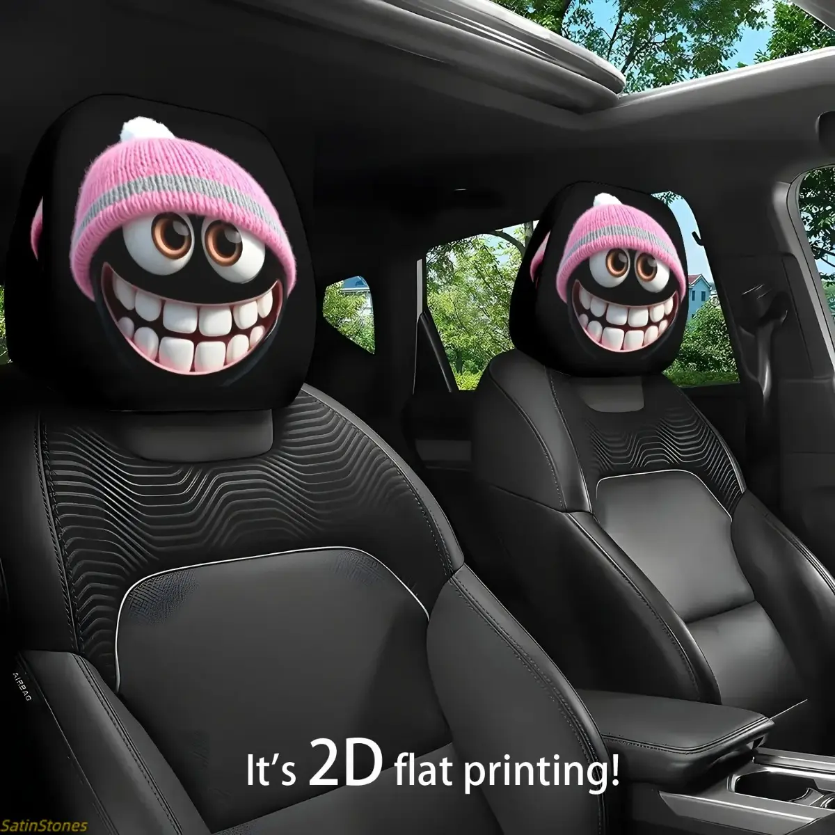 2 Pack Cute Hat Car Headrest Covers, Fun Face Print Neck Pillow Protector, Seat Covers, All Seasons Car Interior Accessories, Gifts for Drivers, Car Interior Accessories