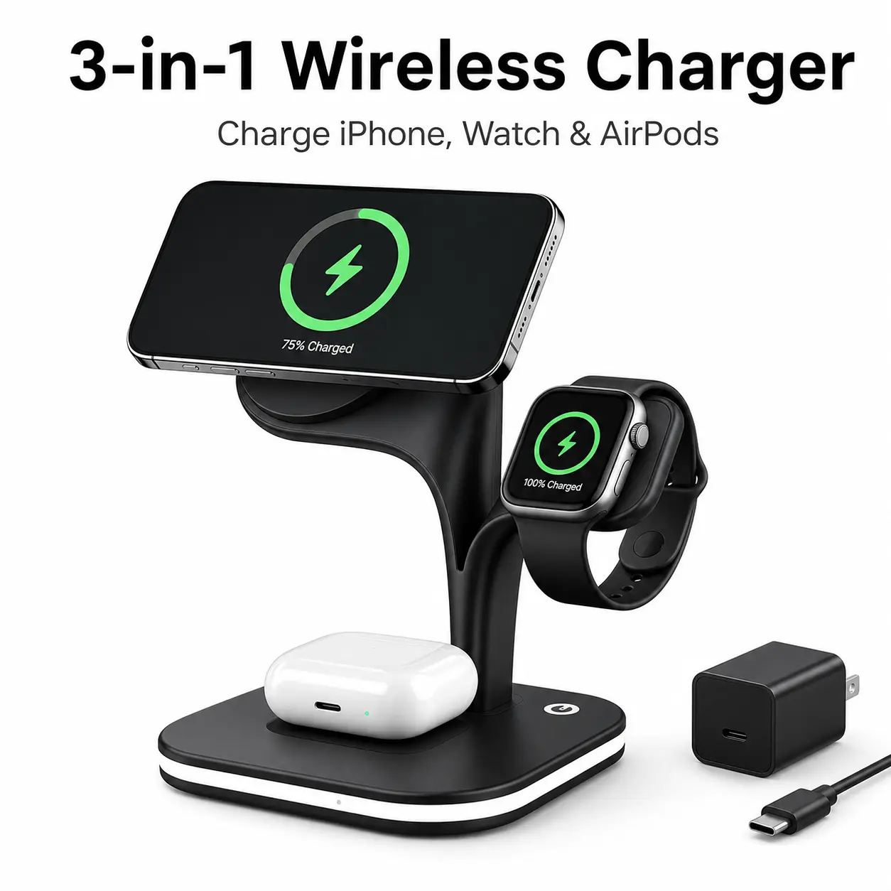 3-in-1 Foldable Magnetic Wireless Charger for iPhone 16/15/14/13/12, Apple Watch & AirPods, 15W Charger Stand with Adjustable Ambient Light
