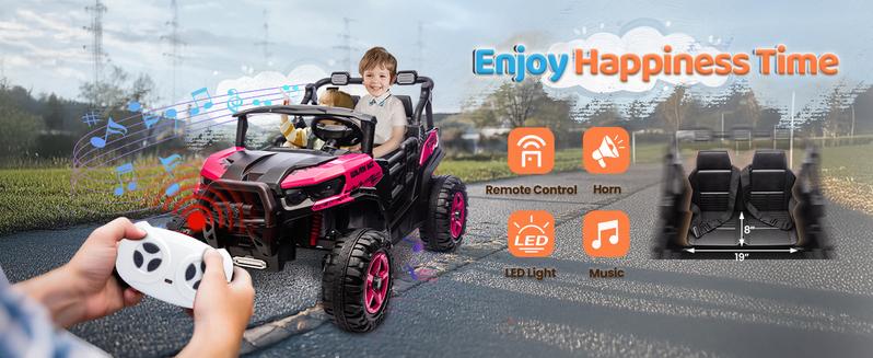 JOYMOR 2-Seater 24V Ride On UTV Truck with Remote Control, 3 Speeds Electric Car with Spring Suspension LED Music, 4 Motors Power Wheel for Kids Ages 3-8, 135 lbs Weight Capacity