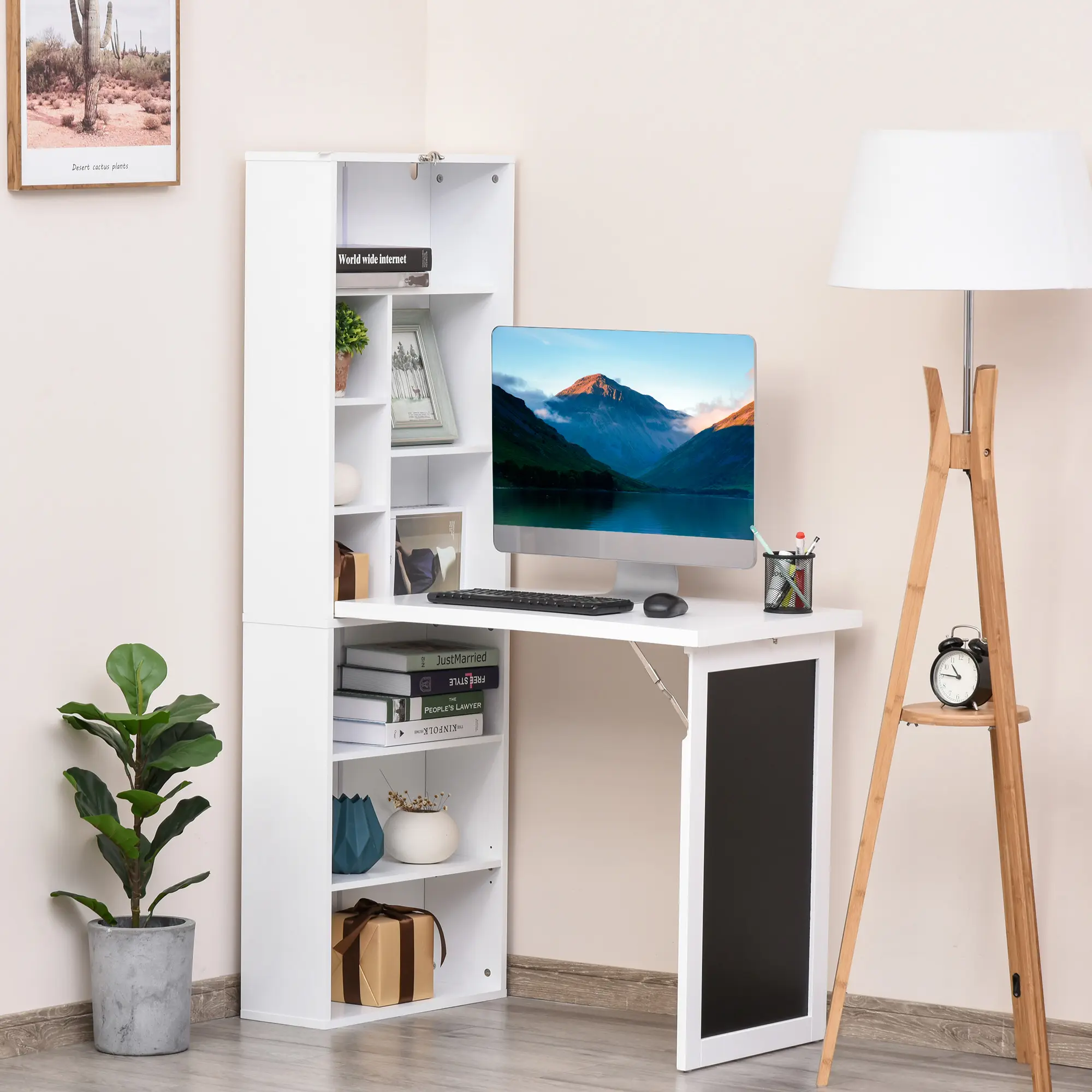 #Summervibes HOMCOM Fold-out Convertible Writing Table Wall Mount Desk Cabinet with Blackboard and Side Shelf Multi-Function Home Office Workstation