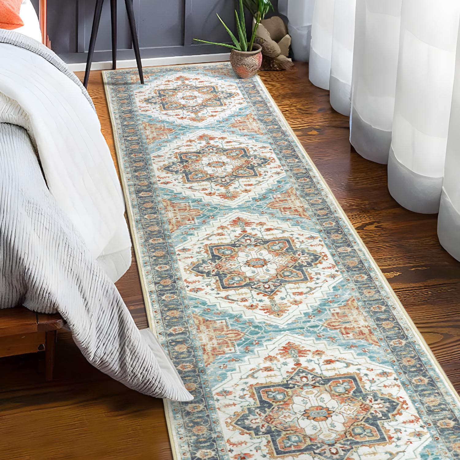 LOKHOM Vintage Non-Slip Floor Runner Rug Soft Farmhouse Medallion Rug Washable Easy to Clean Rugs for Hallway Kitchen Bedroom Entryway Laundry Room 0.4-inch Thick Premium Faux Wool Ultra Soft Resilient Against Wear and Tear Stain-Resistant