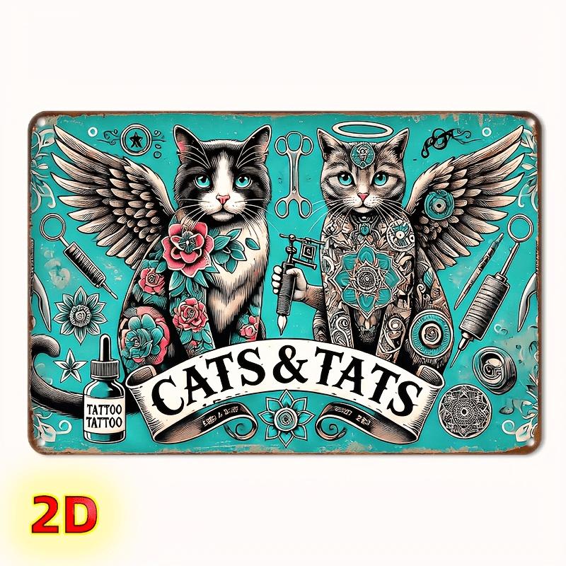 2D Flat, 2D flat Metal and iron wall art signs, cat tattoo shop - tattoo themed creative decoration, 12x8 inches - wall decoration, suitable for living rooms, tattoo shops, bedrooms, offices, cafes, bathrooms, perfect indoor and o