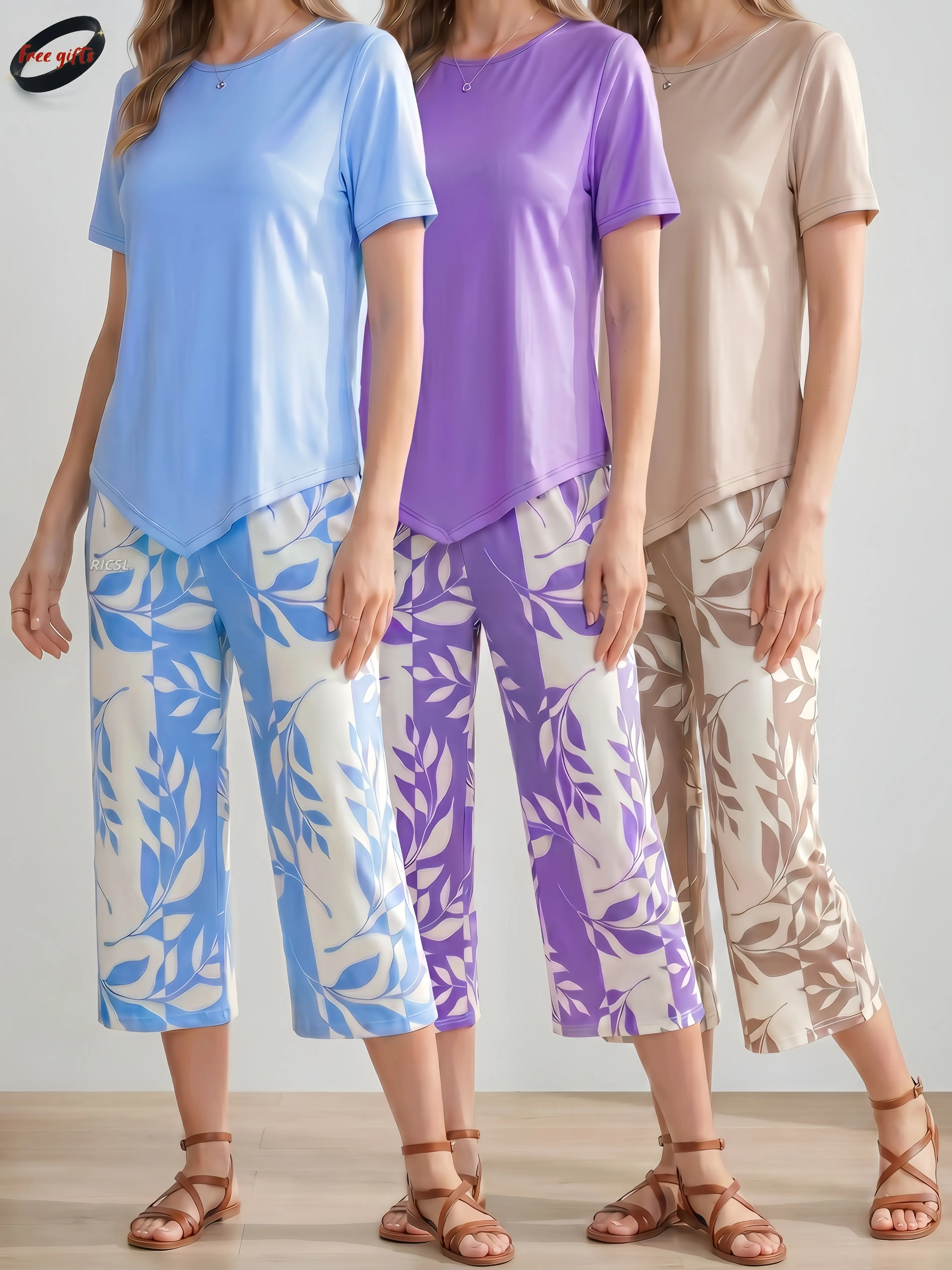 Women's 2 Piece Set, Summer Casual Short-Sleeve Top & Leaf-Print 7/8 Wide-Leg Pockets Pants, High-Stretch Comfortable Pajama Loungewear, Cool Silky Fabric, 3 Colors Available
