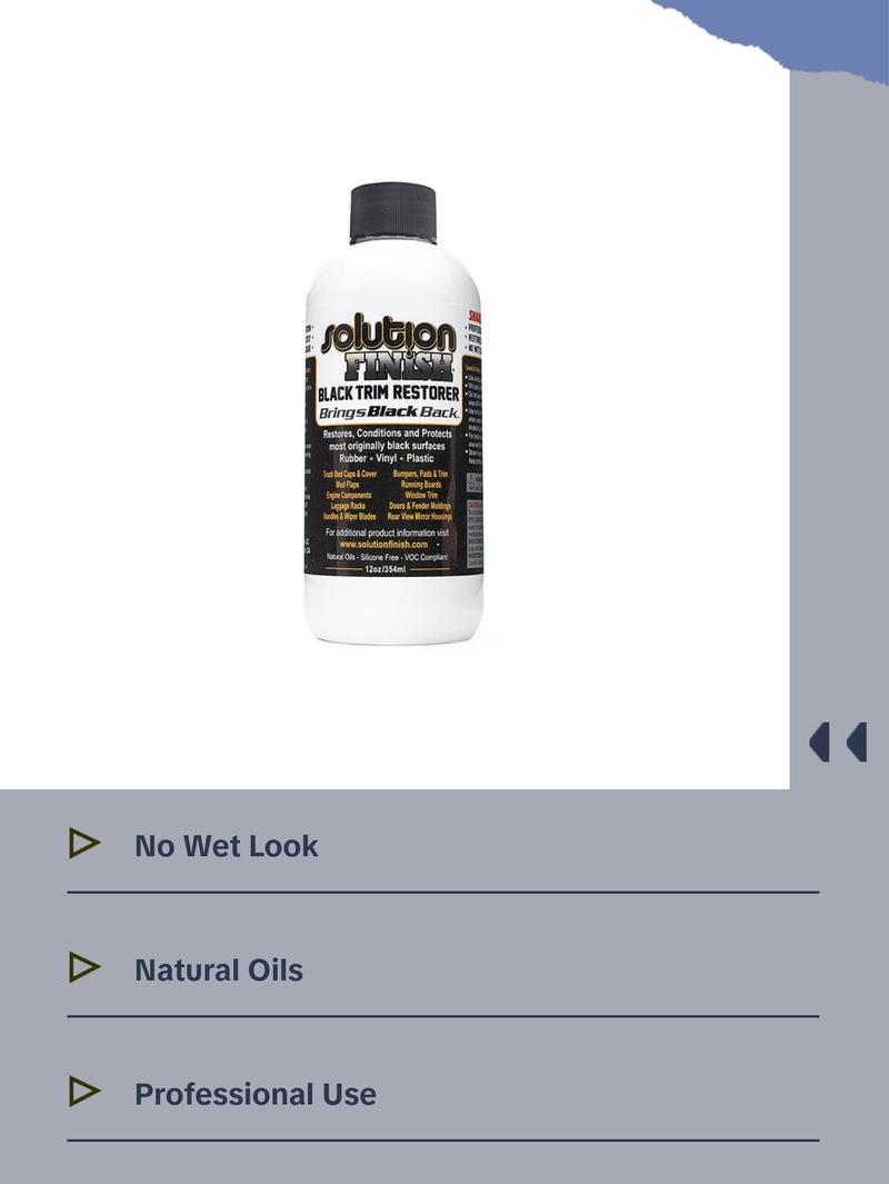 Solution Finish Full Installation Kit - Enriche, Condition, Protect; Black Plastic Trim Restorer (12oz) + 2 Microfiber Towels + Applicator Sponge + Gloves Solution Finish Full Installation Kit - Enriche, Condition, Protect; Black Plastic Trim Restorer (12oz) + 2 Microfiber Towels + Applicator Sponge + Gloves