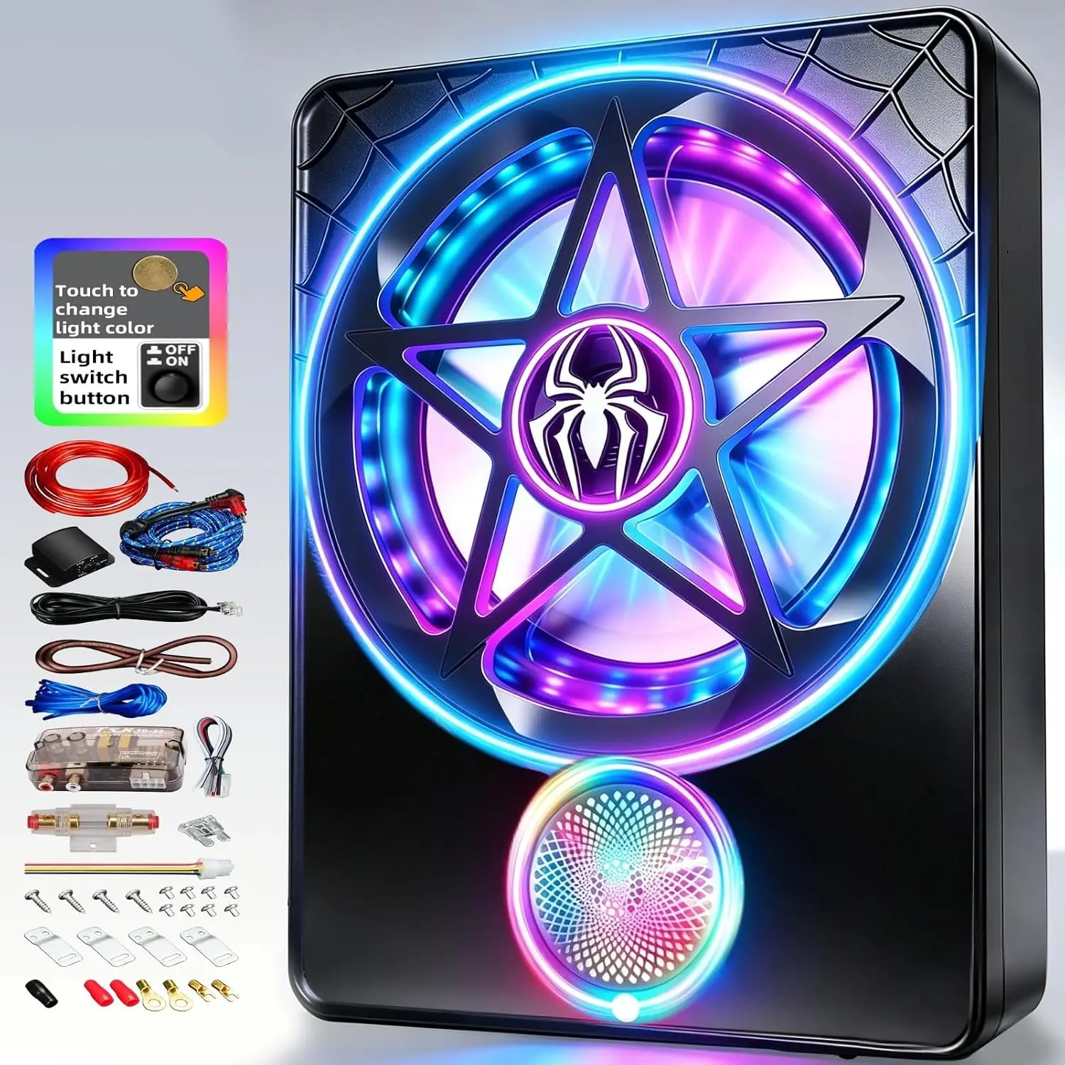 10" Slim Profile Aluminum Car Subwoofer with 3000W Amplifier, 3-Way Full Range Audio System, RGB Lights Beat Sync LED, Bass Boost, Low Pass Filter, Plug & Play for Cars, Trucks
