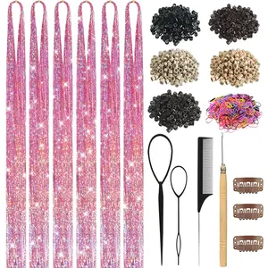 Pink Hair Tinsel Kit for Girls 1800 Strands Fairy Tinsel Hair Extensions Holographic Hair Tinsel Heat Resistant Colored Hair Glitter Christmas Party Festival
