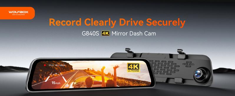 WOLFBOX G840S 12" 4K Mirror Dash Cam with 5.8GHz WiFi & GPS Tracking, Dual Cameras, Night Vision, 32GB Card, 170° Front & 140° Rear Lenses, 24-Hour Parking Monitor, TikTokShopHolidayHaul - Automotive Video Recorder