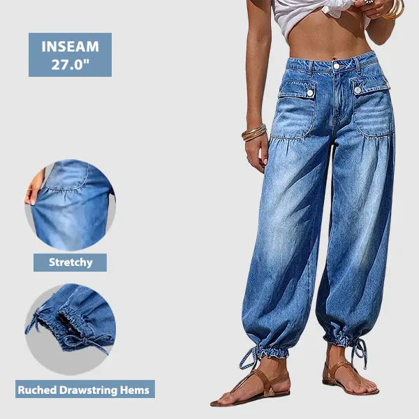 Flamingals Flap Pocket Ruched Drawstring Mid Waist Crop Balloon Jeans Womenswear Stretchy 27" Inseam