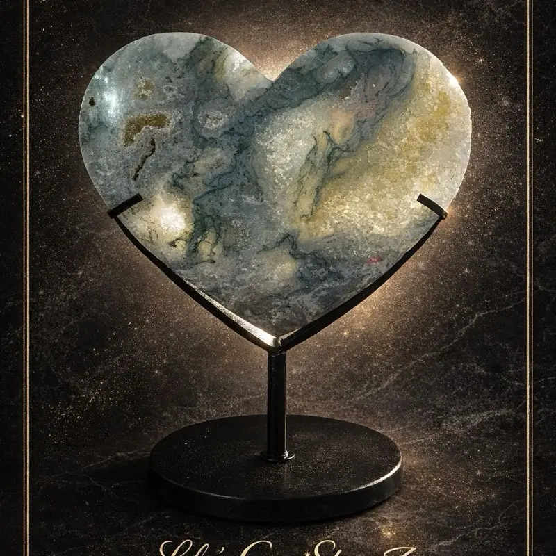 Moss Agate Druzy Heart Collector Edition One of a Kind Hand-polished with Raw Crystal Pockets on Sleek Black Metal Stand Ideal for Heart Chakra Spaces crystal collector high vibe crystals decor